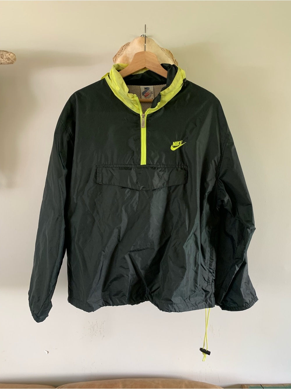Vintage 80s Nike Black Windbreaker Pullover with Neon Yellow Accents